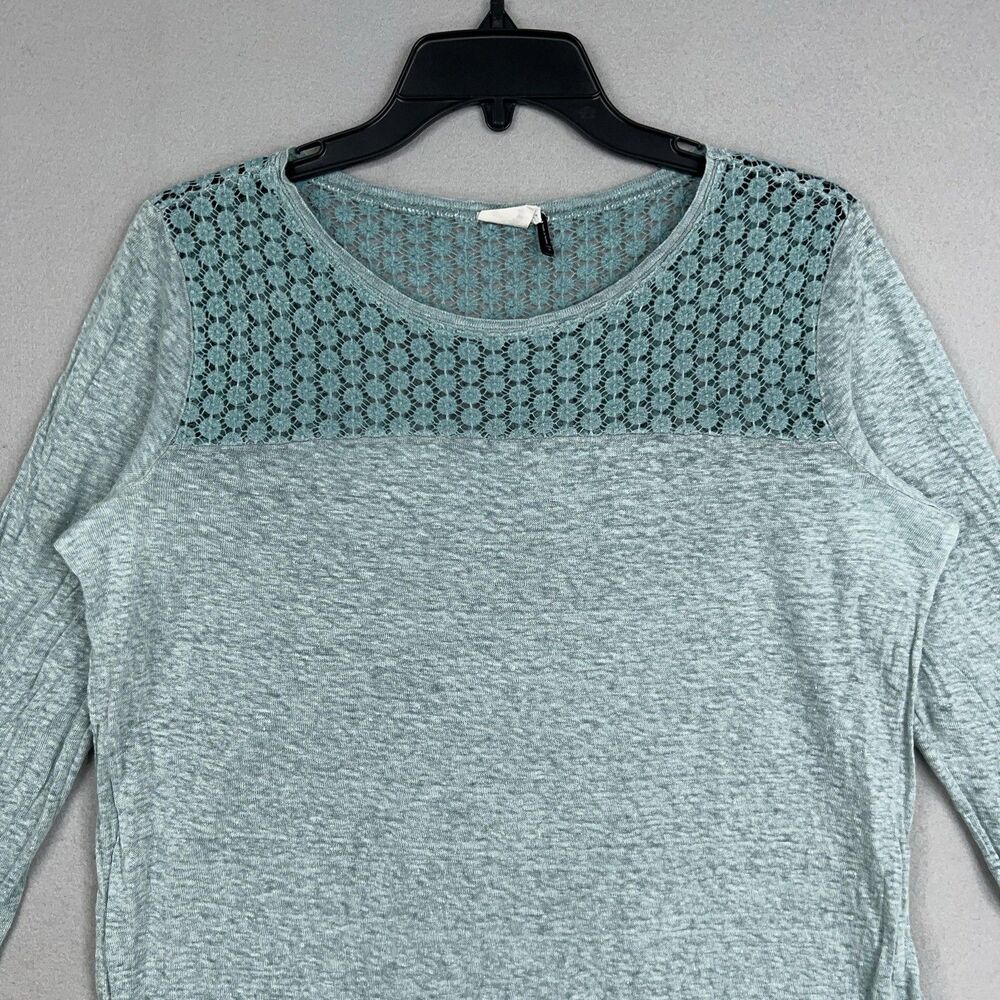 Anthropologie Akemi Kin Shirt Womens Medium Blue Crochet Lace Coastal 100% Linen - Picture 2 of 13